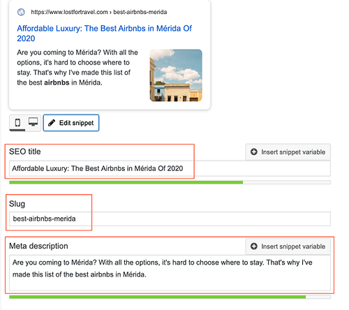 Different fields to fill out in Yoast SEO - SEO title, slug, meta description