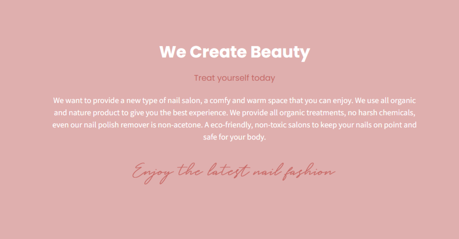 Pink promotional banner for eco-friendly nail salon featuring organic treatments and non-toxic products. White text on rose background.