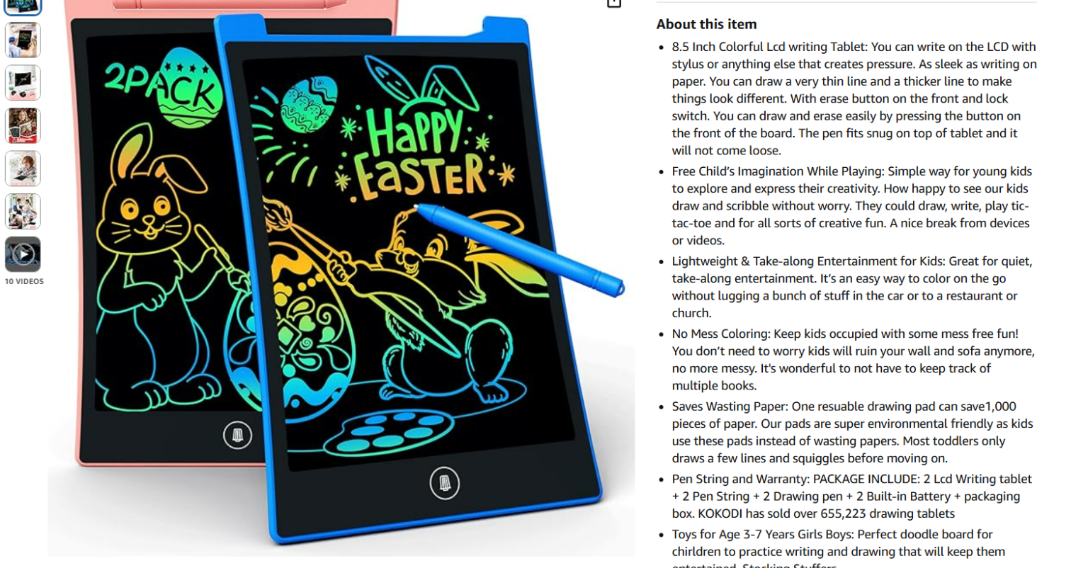 Two 8.5-inch LCD writing tablets showing colorful Easter bunny drawings, with product features listed. Package includes stylus pens.