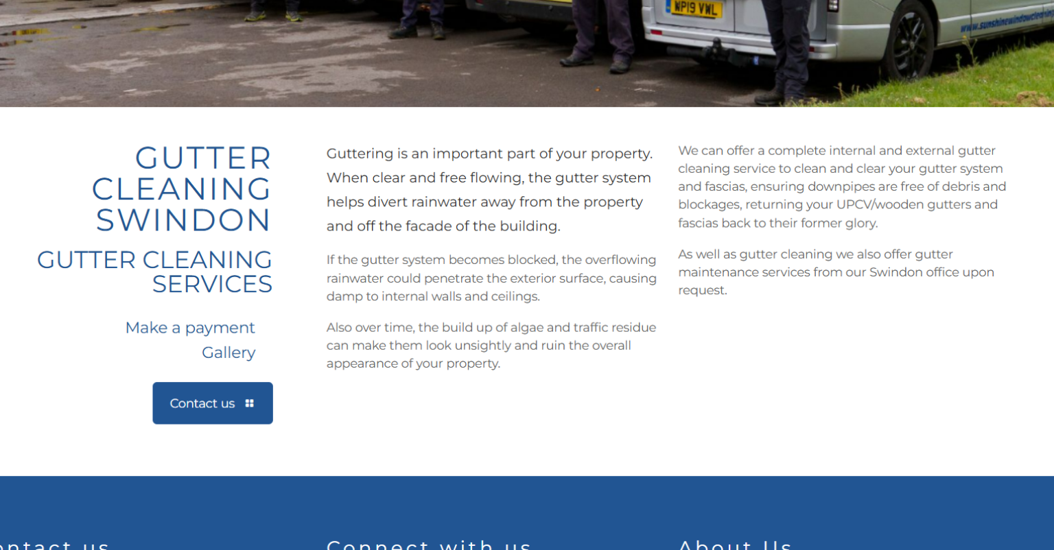 Gutter cleaning service website page for Swindon area, featuring information about services and importance of gutter maintenance.